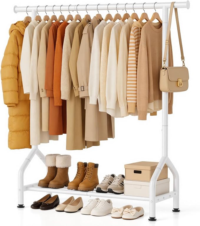 Sturdy Clothing Racks with Shelf, Metal Clothes Rack with Leveling Feet for Hanging Clothes, Freestanding Garment Coat Rack for Bedroom, Apartment & Small Spaces, White
