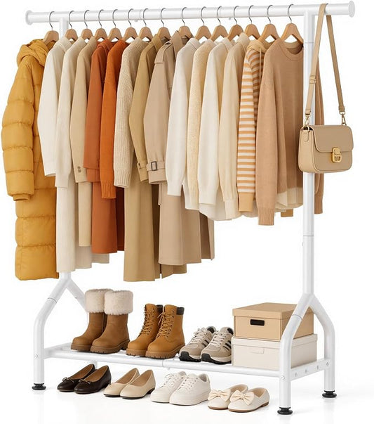 Sturdy Clothing Racks with Shelf, Metal Clothes Rack with Leveling Feet for Hanging Clothes, Freestanding Garment Coat Rack for Bedroom, Apartment & Small Spaces, White