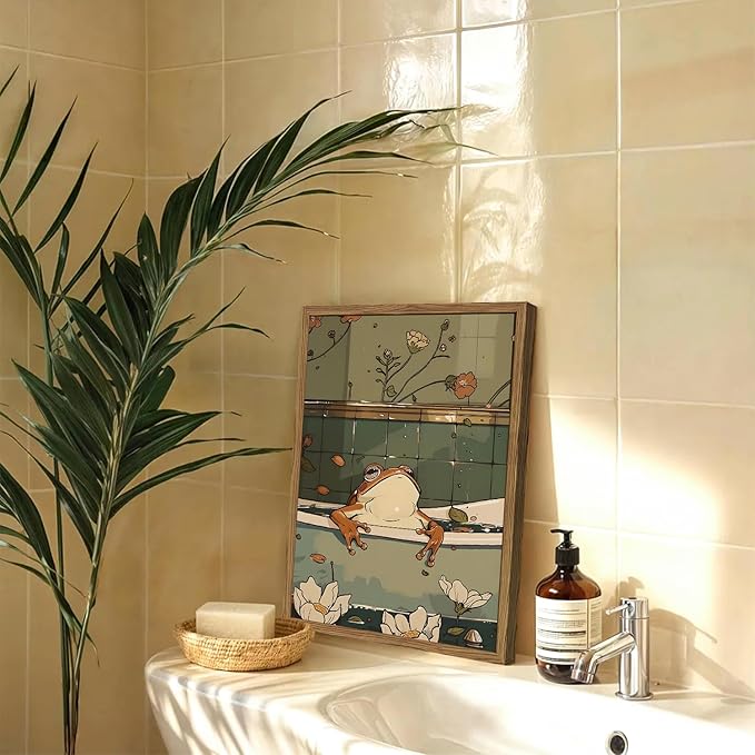 Funny Japanese Frog Bathroom Wall Art Whimsical Frog in Bathtub Wall Decor Painting Cute Animal Bathroom Poster Canvas Print Picture 16x24 inch Wood Framed