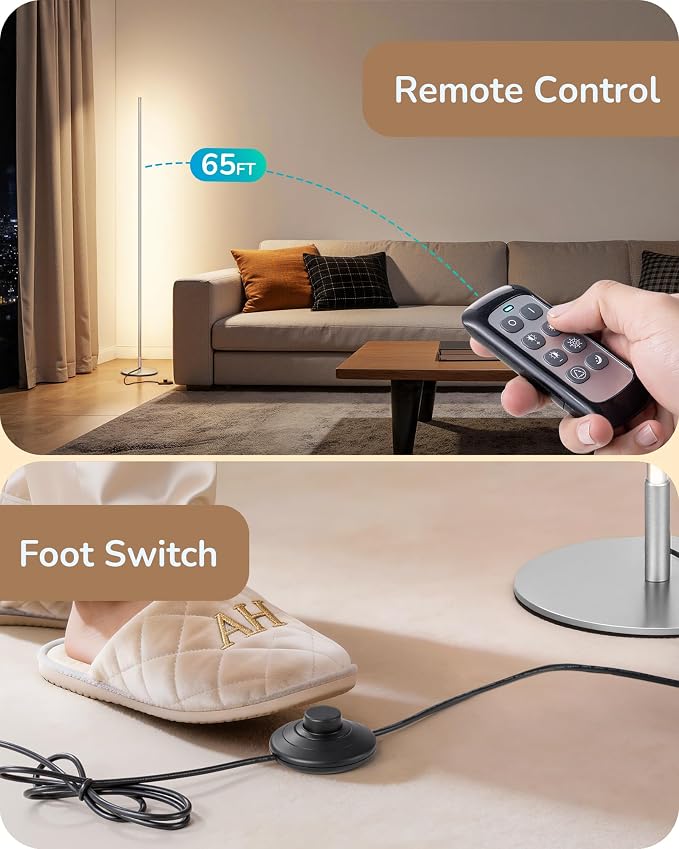 EDISHINE 2 Pack 57.5” Corner Lamp with Remote, Stepless Dimmable & 7 CCT | 2700-6000K, Foot Switch, Tall Corner Lamp for Bedrooms, Living Rooms, Offices, Sturdy Base, Silver