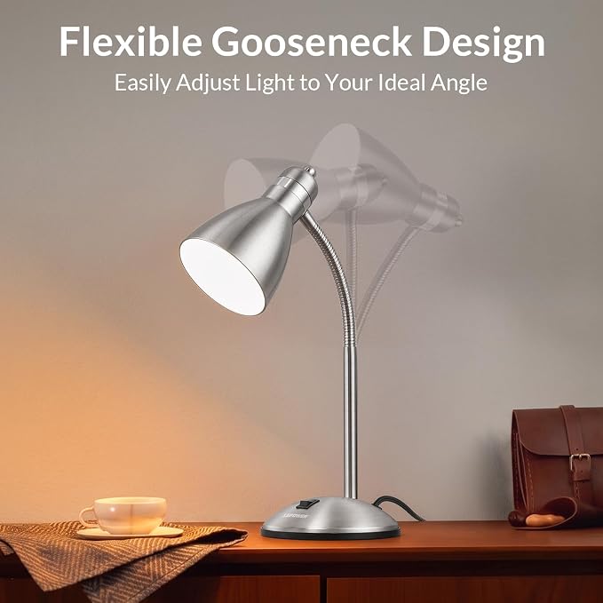 LEPOWER Metal Desk Lamp, Adjustable GooseNeck Reading Light for Bedroom | Compact & Sturdy, Space-Saving for Bedside & Dorm, E26 Table Lamp, Eye-Caring, Ideal for Study, Office, Back to School