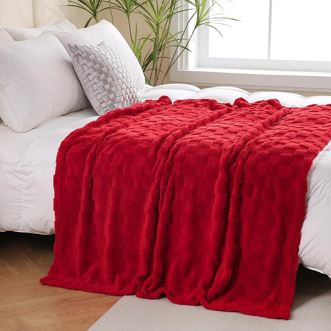 Red Fleece Throw Blanket 60”×80”Checkered Design for Couch Sofa | Super Soft Cozy Plush Microfiber 3D Square Pattern Flannel Blanket for Bed Lightweight for Adults,Women