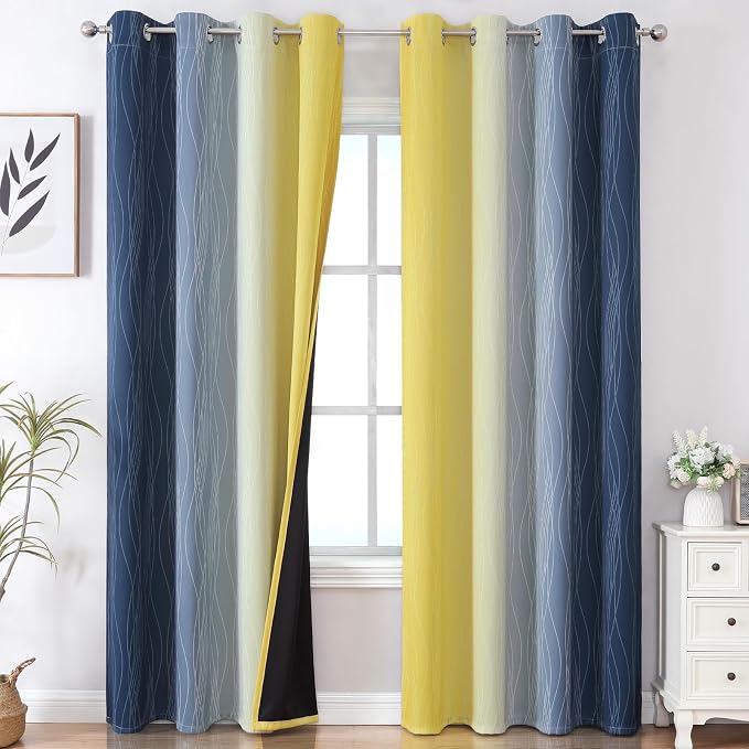 Navy Blue and Yellow Ombre Blackout Curtains for Living Room 84 Inch Long | Estelar Textiler Room Darkening Gradient Curtains for Bedroom,Thermal Insulated,Energy Saving Grommet Drapes,52Wx84L,2 Panels