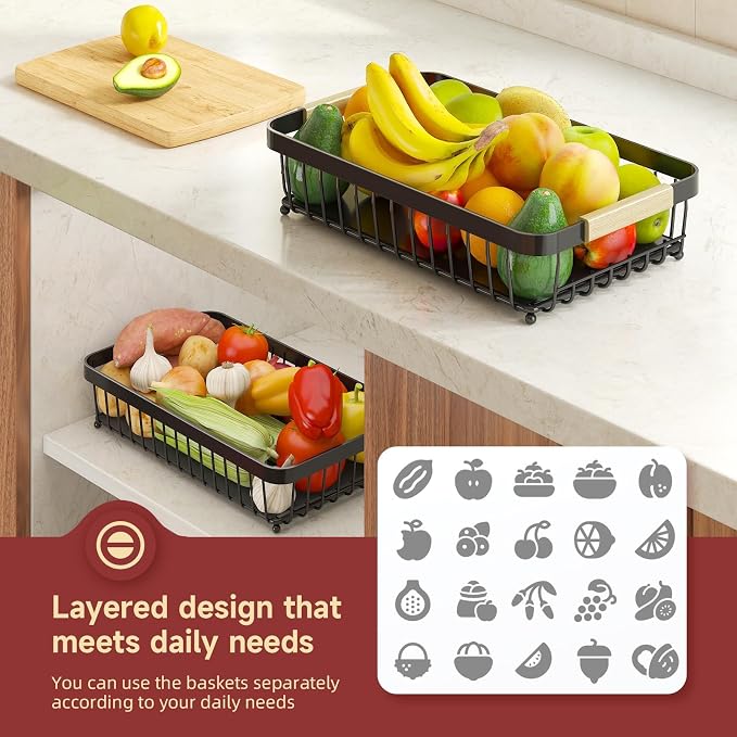 Sevenblue 2-Tier Fruit Basket with Banana Hangers, Detachable Metal Bowl | Wooden handle, protective mats included. Versatile holder for bread, snacks, and veggies. Large 2 tier metal design.