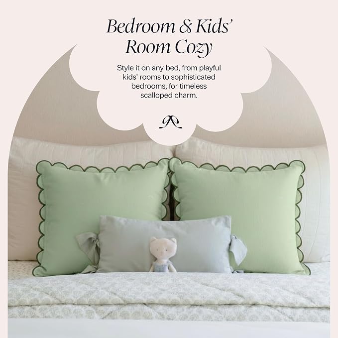 BEBE BASK Scalloped Pillow Cover Set of 2, 18x18, Cotton - Moss Green | 100% Cotton, Scallop Pillow Covers, Grandmillennial Style, 18 by 18 Inch, Easy to Care, Machine Washable, Scalloped Pillows