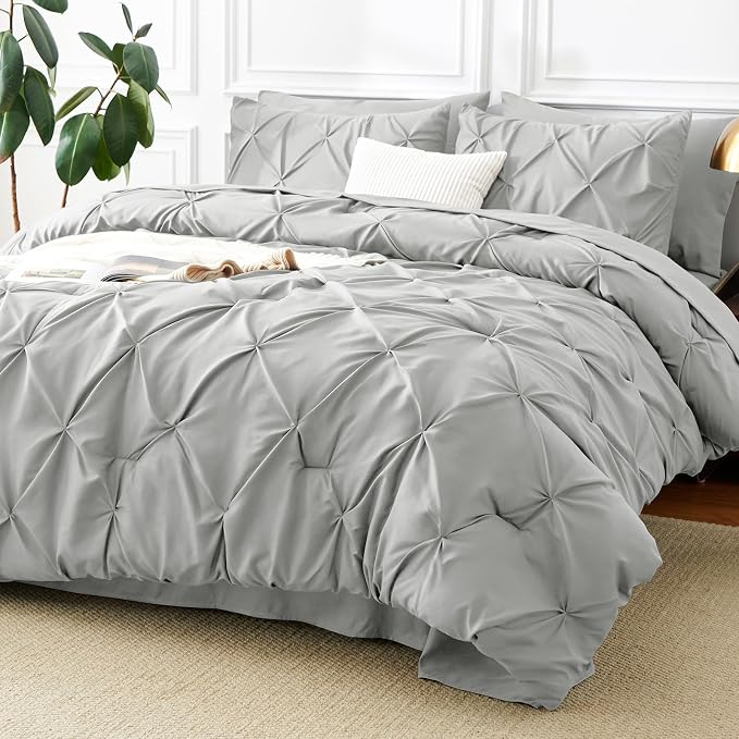 King Size Comforter Set Light Grey, 7 Pieces Pintuck Bed in a Bag | OEKO-TEX 100 Certified, 240GSM All Season, Bedroom, Guest Room, Down-Alternative Comforter, Sheets, Pillowcases & Shams