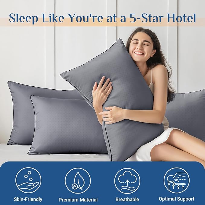 JOLLYVOGUE Grey Pillows Queen Size Set of 4, Washable Supportive Firm Bed Pillows with Oeko-Tex Certified Soft Down Alternative Fill, Fluffy Luxury Hotel Quality for Side, Back, and Stomach Sleepers