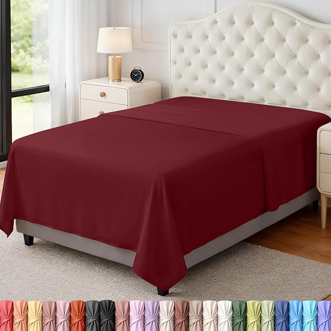 Twin Size Flat Sheet Only, Ultra Soft & Breathable Hotel Sheets, Burgundy | Hotel Bedding, Cooling Comfort, Smooth Feel, Wrinkle & Fade Resistant, Easy Care, Long-Lasting, Machine Washable, OEKO-TEX