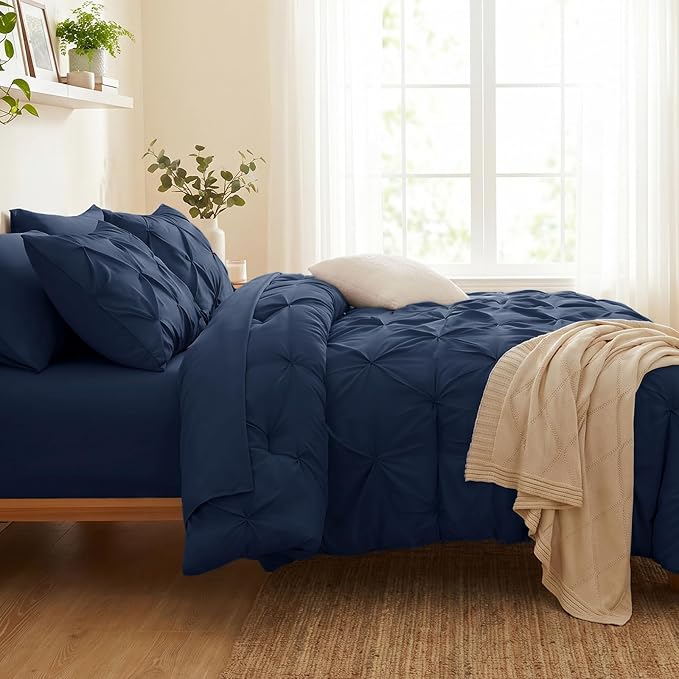 Twin Comforter Set Navy Blue, 5 Pieces Pintuck Bed in a Bag | College Dorm Essentials, OEKO-TEX 100 Certified, 240GSM All Season, Down-Alternative Comforter, Sheets, Pillowcase & Sham