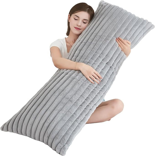 Full Body Pillow with Fluffy Stripe Faux Fur Removable Cover, Long Bed Pillow Adult 20x54 Inches for Side Sleeper and Pregnancy, Gray.