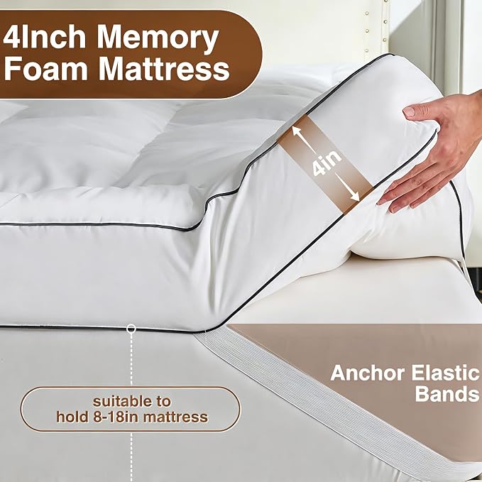 4 Inch Memory Foam Mattress Topper Queen for Back Pain Relief, Extra Soft Pillow Top Mattress Topper, 2000GSM Fluffy Shredded Memory Foam Filled