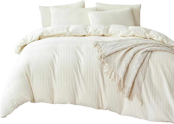 Comforter King Set Beige Striped Soft Luxury Washed Microfiber Jacquard 3 Pieces Bedding Set, Beige Vertical Ticking Stripes Comforter with 2 Pillowcases Breathable Durable Comfy