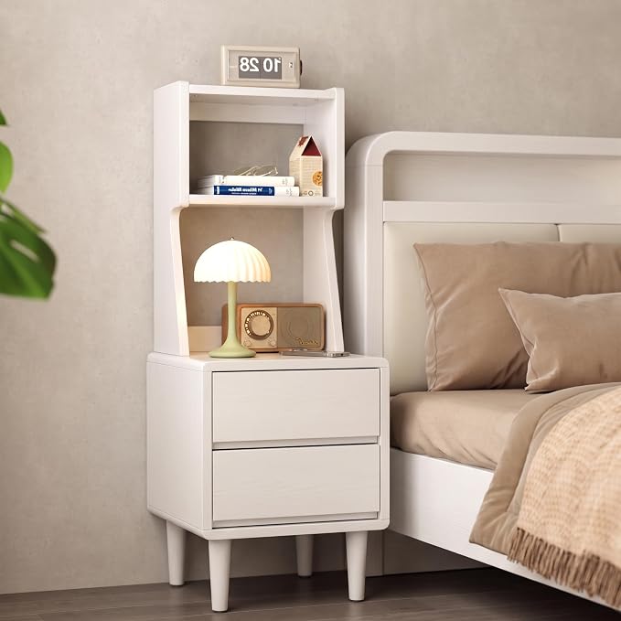 Solid Wood Bookshelf Nightstand Combo, Tall Nightstand with Bookshelf | White Nightstand Bookshelf,Solid Wood Nightstand with Drawers,Open Shelf Bookcase,for Bedroom,Living Room,Offices