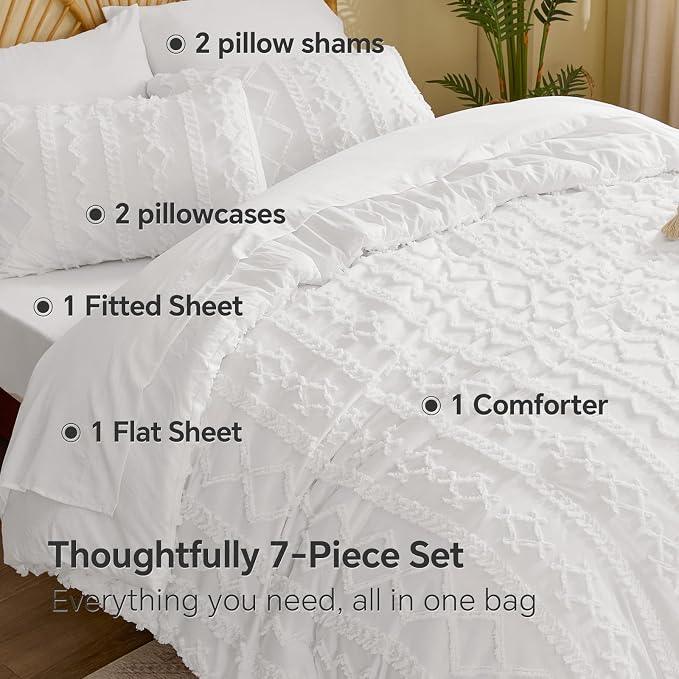 BEDELITE Full Comforter Set 7 Pieces,Boho Bed in a Bag,White | Tufted Bed Set for All Seasons,Soft Farmhouse-Style Embroidery Bedding,Includes Flat & Fitted Sheets,2 Pillowcases & 2 Shams