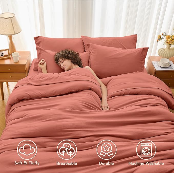 7 Pieces Full Comforter Set, Soft Bed in a Bag Full Size, All Season Bedding Set with Comforter, Flat Sheet, Fitted Sheet, Pillowcases & Shams, Coral Red