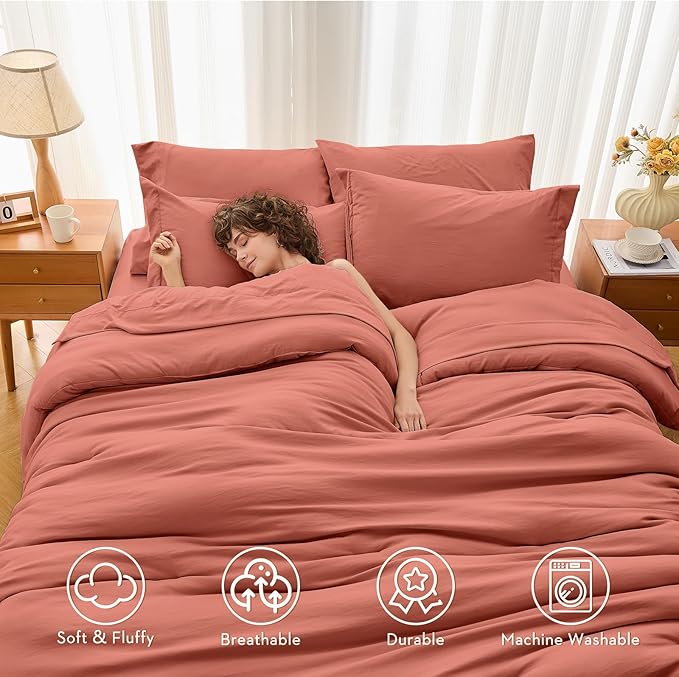 7 Pieces King Comforter Set, Soft Bed in a Bag King Size, All Season Bedding Set with Comforter, Flat Sheet, Fitted Sheet, Pillowcases & Shams, Coral Red