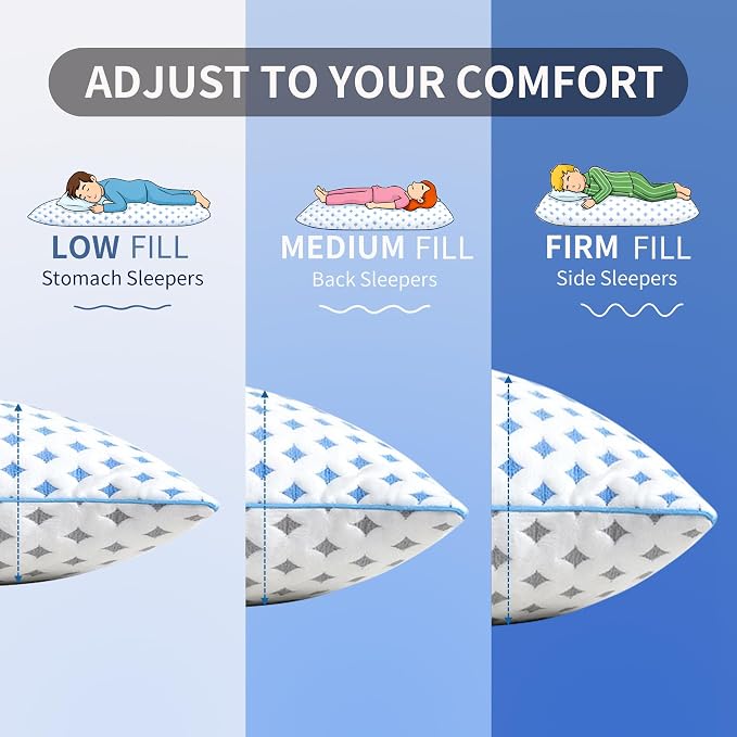 Pillows Queen Size Set of 4 for Sleeping, Cooling Adjustable Memory Foam Pillows, Dual Fill Design Helps Maintain Shape, Breathable Washable Cover