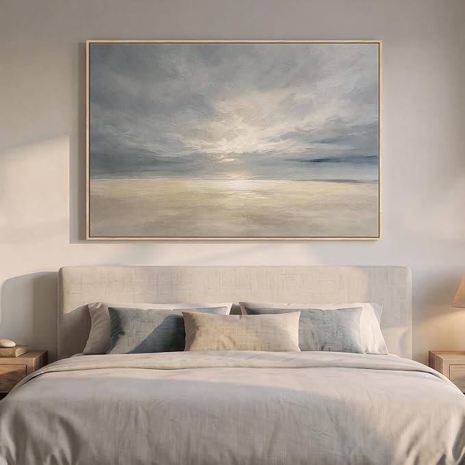 Extra Large Framed Beige Blue Coastal Abstract Wall Art, Horizontal 60x40 | Oversized beach pictures, Canvas prints, Wood frame, Modern paintings, Wall decor for living room bedroom dining room office