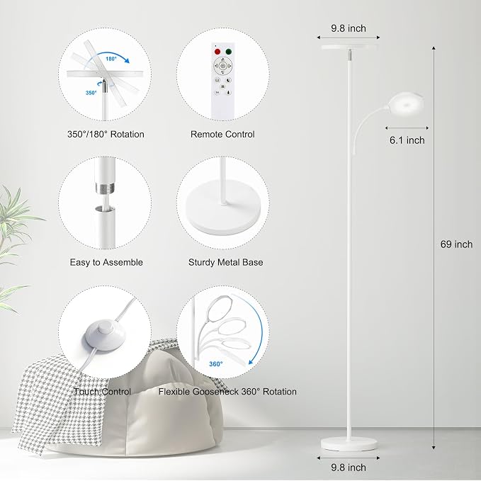 SUNMORY Floor Lamps for Living Room，LED Standing Lamp with Remote Control | 48W/4200LM Super Bright, 69" Tall Floor Lamp with Stepless Dimmable, Modern Torchiere Reading Lamp for Bedroom, Office