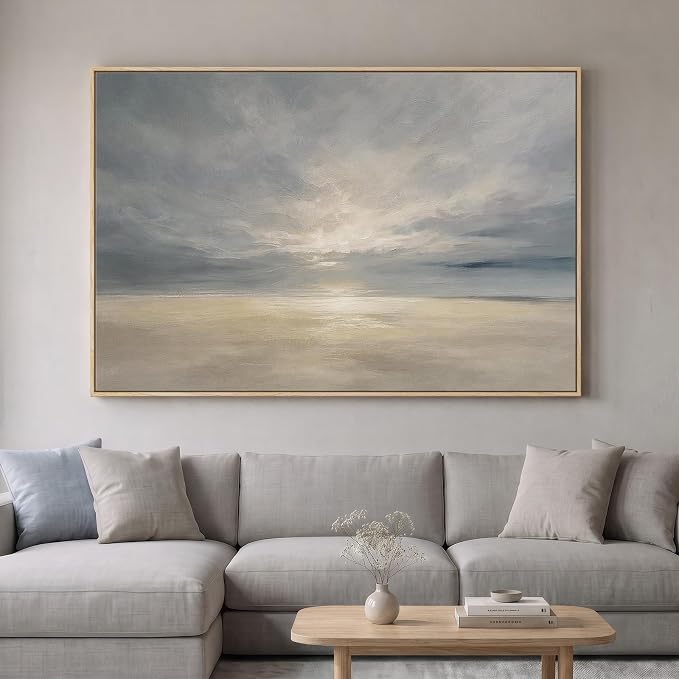 Extra Large Framed Beige Blue Coastal Abstract Wall Art, Horizontal 60x40 | Oversized beach pictures, Canvas prints, Wood frame, Modern paintings, Wall decor for living room bedroom dining room office