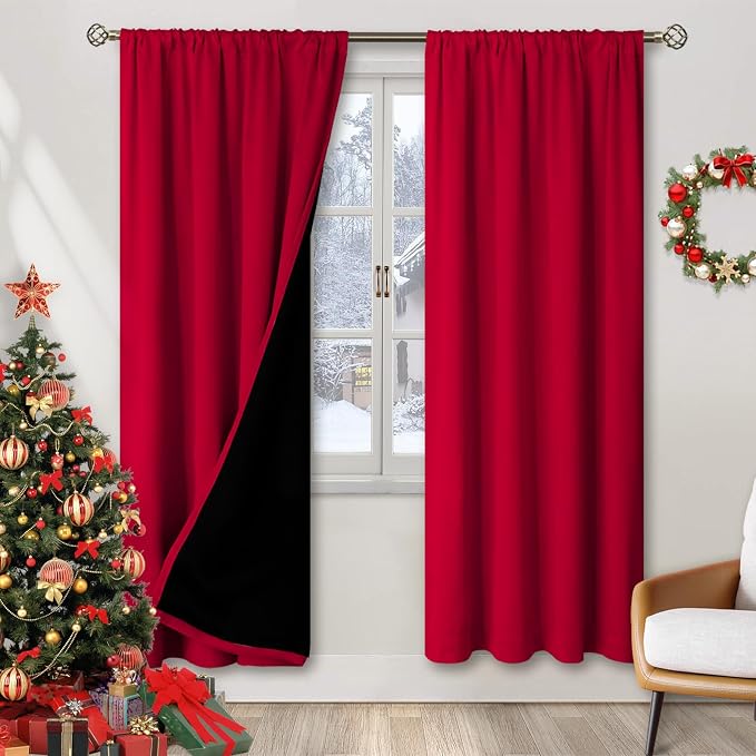 BGment Christmas 100% Blackout Curtains for Bedroom 84 Inch Length 2 Panels | Decoration Thermal Insulated, Full Room Darkening Noise Reducing Rod Pocket Curtains for Living Room, Red, 42 x 84 Inch