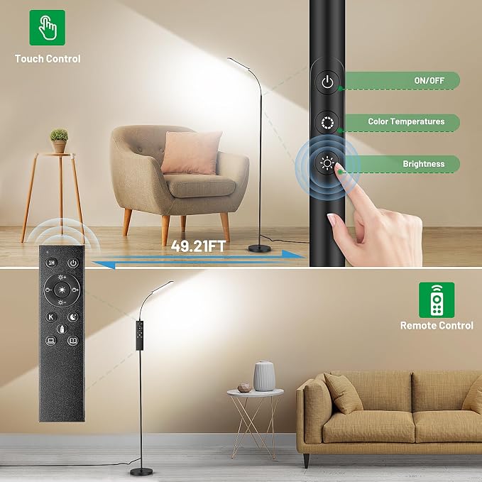 Yikuneng Dimmable LED Floor Lamp, Super Bright Reading Lamps Floor Standing lamp with Remote & Touch Control, Stepless Dimming & 2700K-6500K Color Temperature, for Living Room Bedroom Office, Black