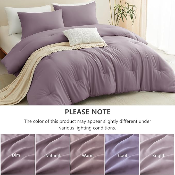 Oversized Queen Comforter Set 3 Pieces Dusty Purple Quilted Bedding | 270 GSM Down Alternative Fill, 4 Corner Ties for Duvet Insert Use, All Season, OEKO-TEX Certified, 2 Pillowcases, 98 x 98 in