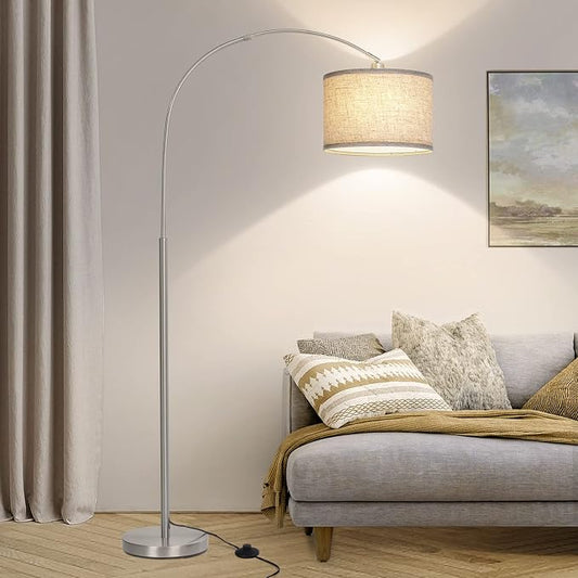Silver Floor Lamp, Arc Floor Lamp with Adjustable Head and Pedal Switch | Modern Tall Pole Lamp, Over Couch Arched Standing Light for Reading Living Room Bedroom Office, E26 Base