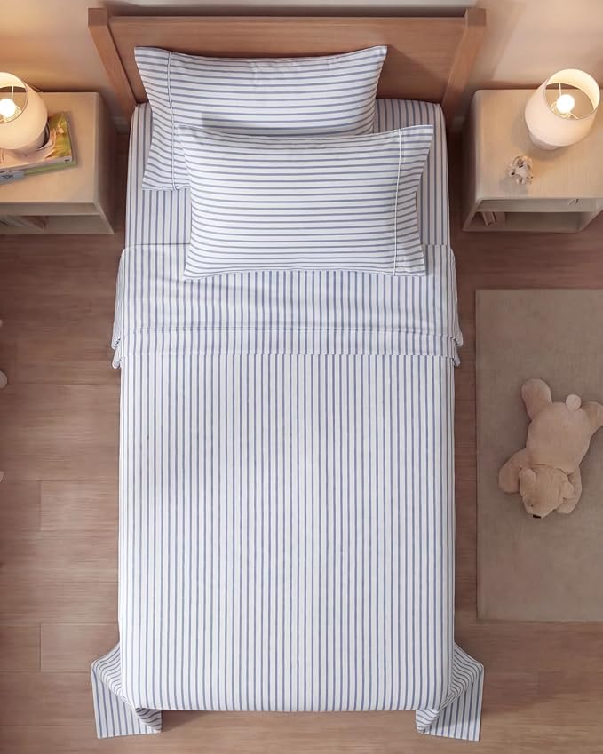 Twin 4 Piece Bed Sheet Set - Breathable & Cooling Sheets - Blue Stripes | Ultra Soft Hotel Luxury Bedding Set with 8-16 Inch Deep Pockets, 1 Flat & 1 Fitted Sheet & 2 Pillowcases, Wrinkle & Fade Free