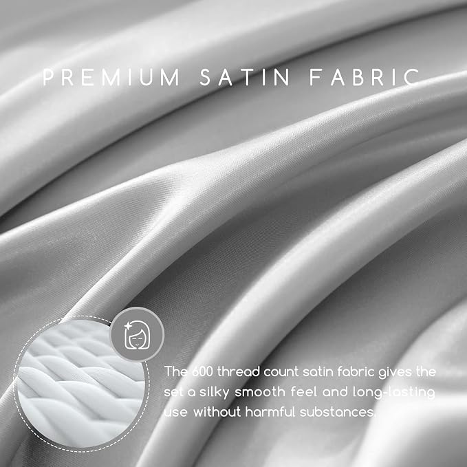 MR&HM Satin Sheets King Size with Elastic Corner Straps, Silver Grey | Similar to Silk, 6-Piece Silky Soft Bed Sheet Set, Gentle on Skin and Hair, 15" Deep Pocket, Cooling & Breathable
