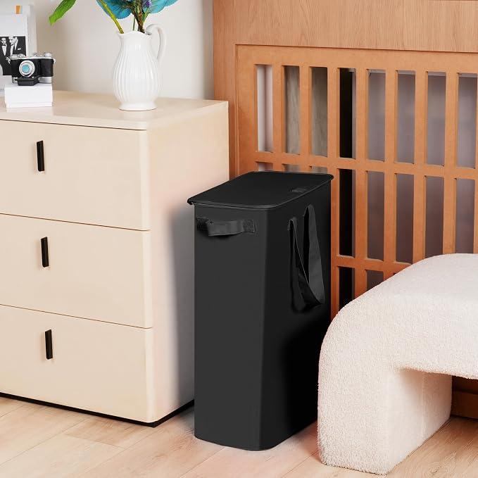 efluky Slim Laundry Basket with Lid, Narrow Laundry Hamper with Handles, Collapsible Dirty Clothes Hamper, Tall Laundry Bin for Laundry Room, Dorm and Bedroom, 55L Black