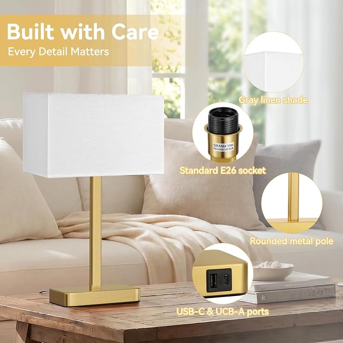 Hong-in Touch Lamps for Bedroom, Bedside Table Lamps Set 2, D. White&Gold | Modern Table Lamp for Nightstands, Desk Lamp for Bedroom, with USB C+A, End Tables Bed Side, Bulb Included, 3 Way Dimmable