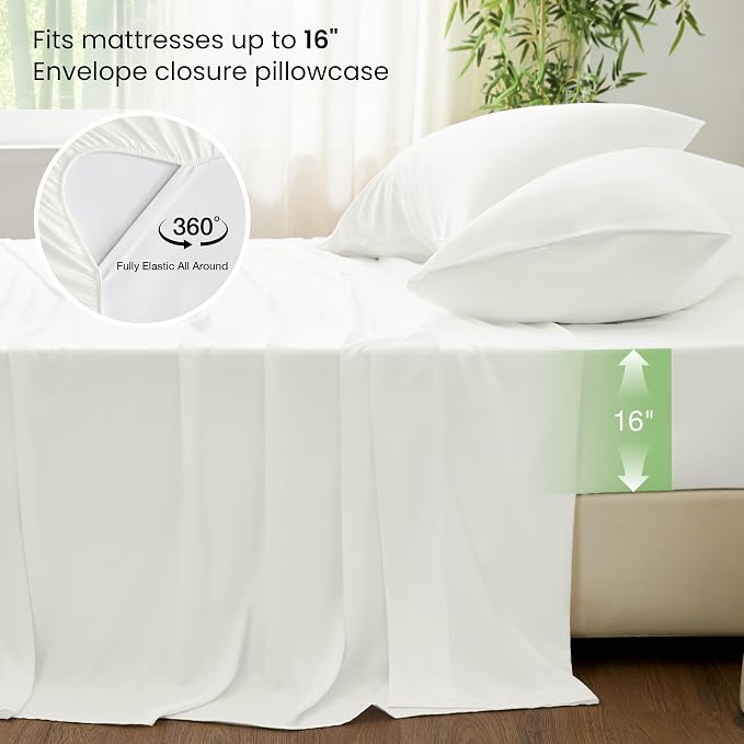Love's cabin 4 Piece Queen Sheet Set, 100% Rayon Derived from Bamboo, Cooling & Breathable, Soft Silky Deep Pocket up to 16", Hotel Luxury Bedding for Hot Sleepers, White