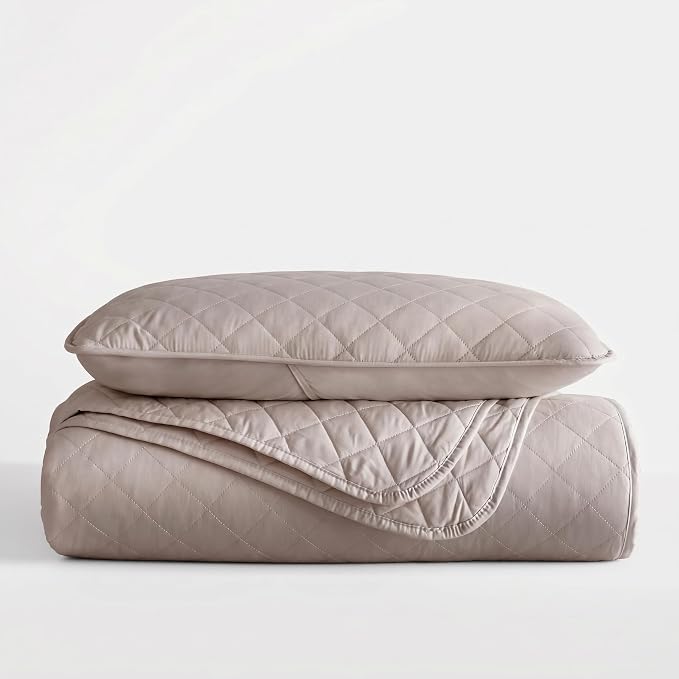 Merit Linens Modern Quilt Coverlet Soft Set in Diamond Stitching - Twin/TwinXL Latte
