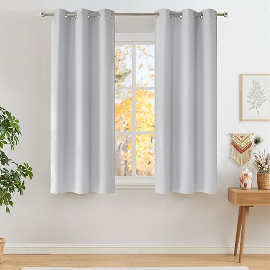 NICETOWN Short Faux Linen Greyish White Blackout Curtains 63 inches Long for Kitchen - Privacy Panels for Living Room Bedroom, Modern Farmhouse Style Easy Care Grommet Top, 2 Panels, W42 by L63