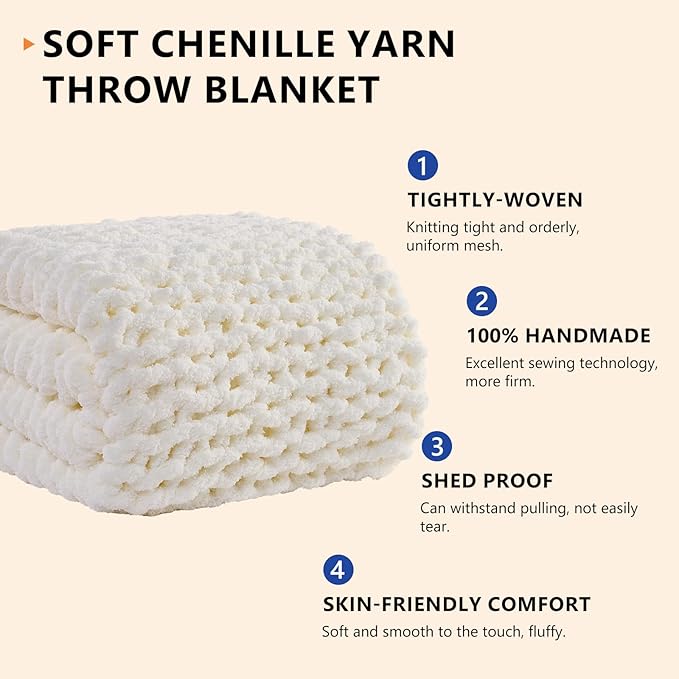 L'AGRATY Chunky Knit Throw Blanket for Couch, 80 x 90 Inches, Cream White | Handmade Chenille Crochet Blanket for Sofa Bed, Thick Cable Knitted Blankets for Room Home Decor, Birthday Gift for Women Mom