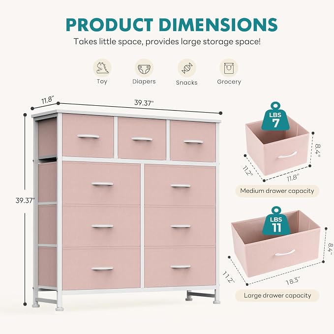 OLIXIS 9 Drawer Pink Dresser for Bedroom, Closet Organizers and Storage | Tall Fabric Dresser with Wooden Top, Chest of Drawers for Clothes Storage, Tower Cabinet, Furniture, TV Stand