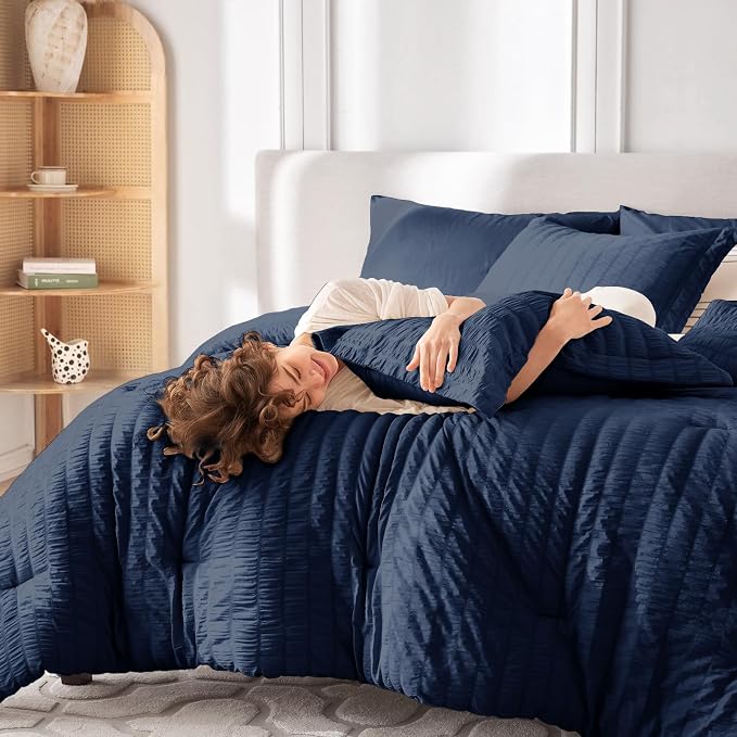 7 Pieces Oversized Queen Comforter Set, Seersucker Bed in a Bag Oversized Queen Size, All Season Luxury Bedding Set with Comforter, Flat Sheet, Fitted Sheet, Pillowcases & Shams, Navy Blue