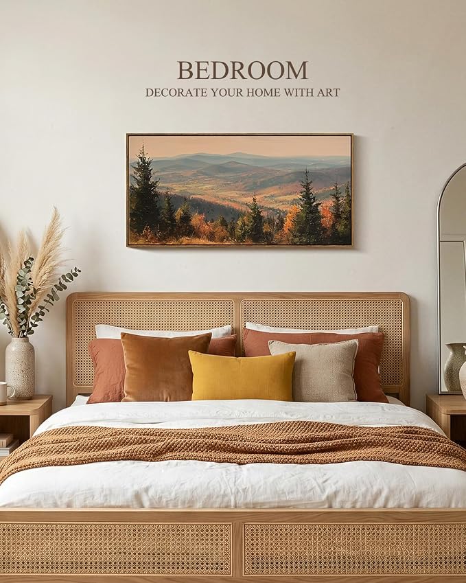 InSimSea Extra Large Framed Fall Wall Art, Autumn Mountains Forest, 20x40in | Living Room Country Farmhouse Decor, Landscape Canvas Prints, Retro Long Pictures for Bedroom Above of Bed