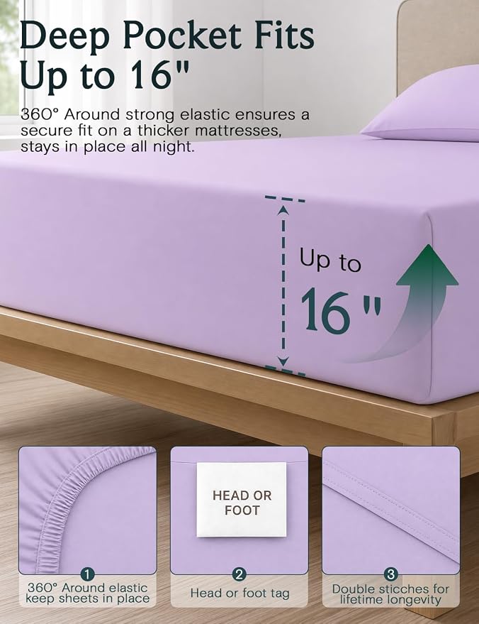 LuxClub 4 PC Queen Sheet Set, Breathable Luxury Bed Sheets, Deep Pockets 18" Wrinkle Free Cooling Sheets Machine Washable Hotel Bedding Silky Soft - Lavender Queen | LuxClub Soft Queen Fitted Sheet & Pillowcase Sets, Breathable Hotel Luxury Bedding Wri...