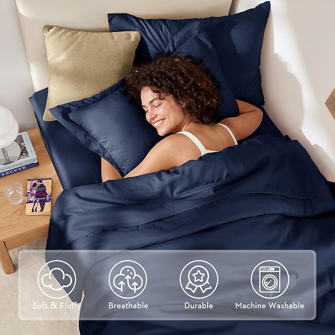 5 Pieces Twin XL Comforter Set, Soft Bed in a Bag Twin XL Size, All Season Bedding Set with Comforter, Flat Sheet, Fitted Sheet, Pillowcases & Shams, Navy Blue