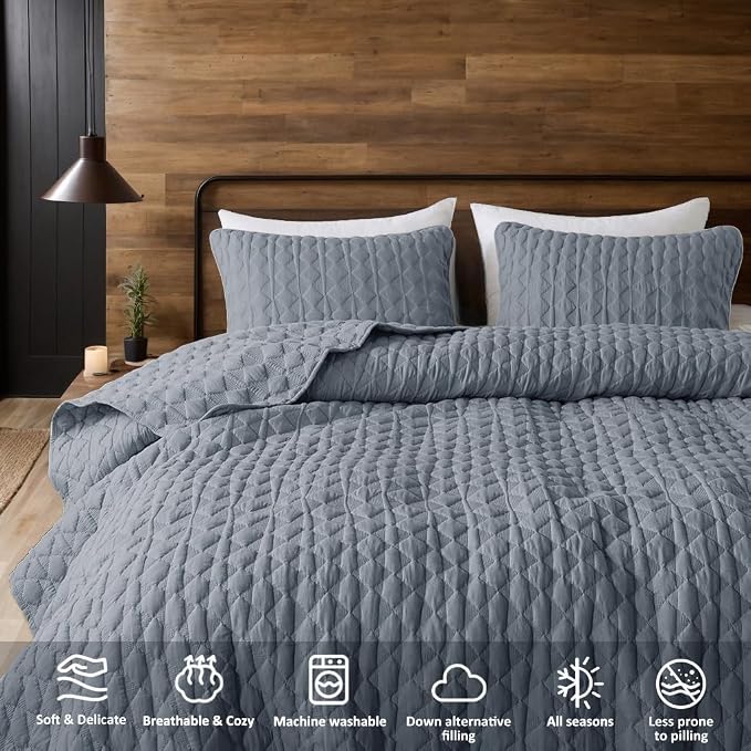 WDCOZY Blue Quilts Queen Size Bedding Sets with 2 Pillow Shams, Lightweight Soft Bedspread Coverlet, Quilted Blanket Thin Comforter Bed Cover for All Season, 3 Pieces, 90x90 inches