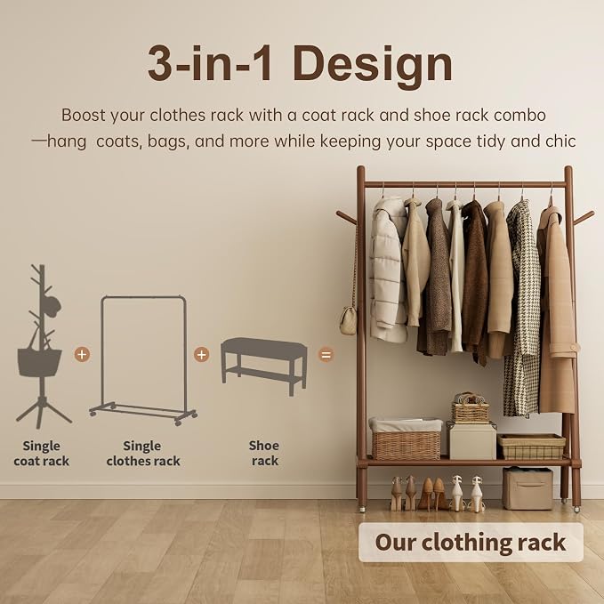 Muwuele Solid Wood Clothing Rack, Rolling Clothes Rack for Hanging Clothes, Garment Rack with Shelves Load 350 Lbs, Portable Closet Organizer on Wheels for Hanging Clothes (Walnut)