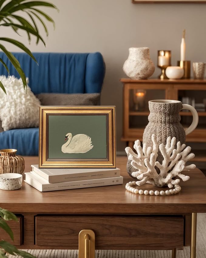 VIYYIEA Vintage Gold Framed Wall Art for Living Room, Swan Canvas Prints Home Decor, Oil Painting Picture, Bedroom Wall Decor Gifts for Friends or Family -【Swan Green】-(10L x 8W)