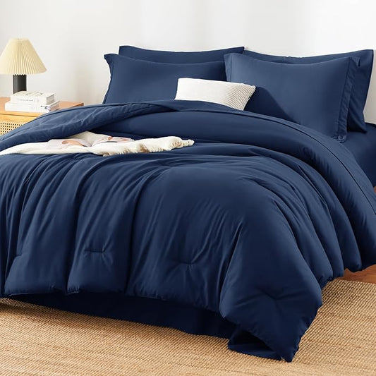 HIMEET Queen Comforter Set, 7-Piece Point-Quilted Bed in a Bag Navy Blue | OEKO-TEX Certified, Lightweight 240 GSM Comforter, Flat Sheet, 14-Inch Deep-Pocket Fitted Sheet, Pillowcases & Shams