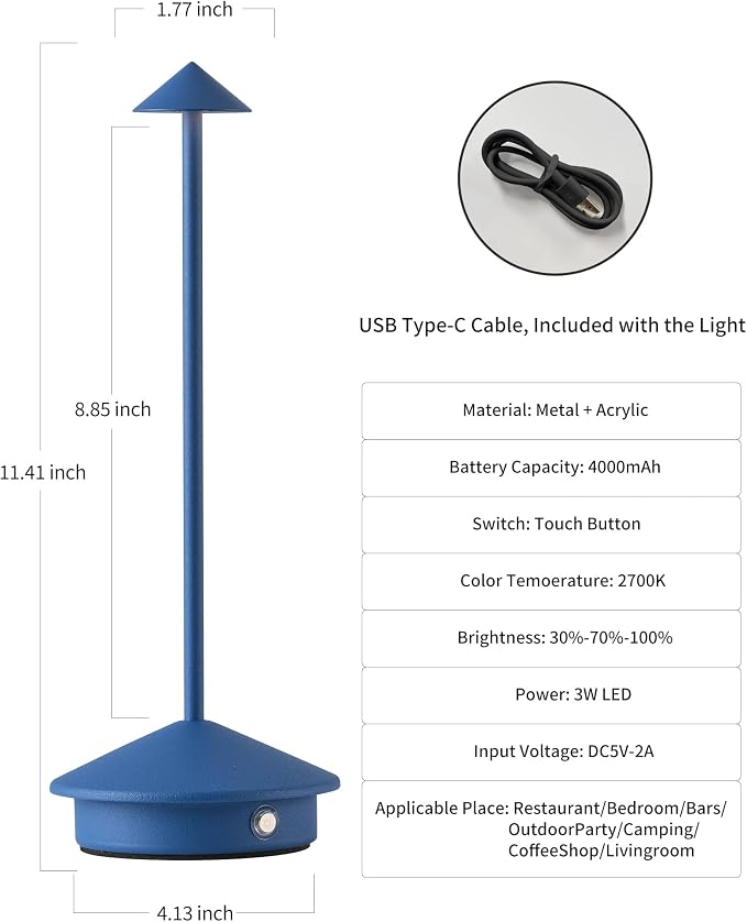 Modern Cordless Table Lamp Set of 2, Blue Portable LED Desk Lamps | 4000mAh, Rechargeable, Battery Operated Lighting for Bedroom, Dining Room, Restaurant, Coffee Shop, Camping, Night Light