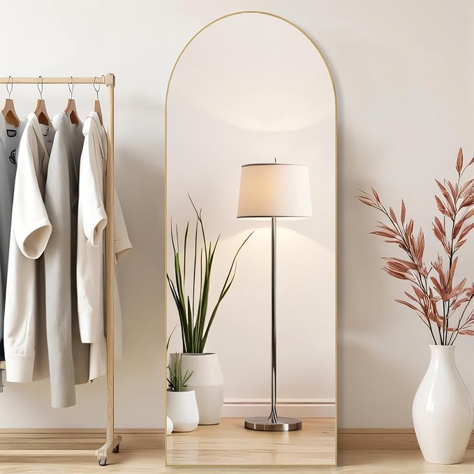 21"x64" Arched Mirror Full Length, Upgraded Body Wall Mirrors | Shatter-Proof Glass, Floor Standing, Hanging or Leaning, Tall Mirror with Stand Aluminum Alloy Frame for Bedroom, Gold