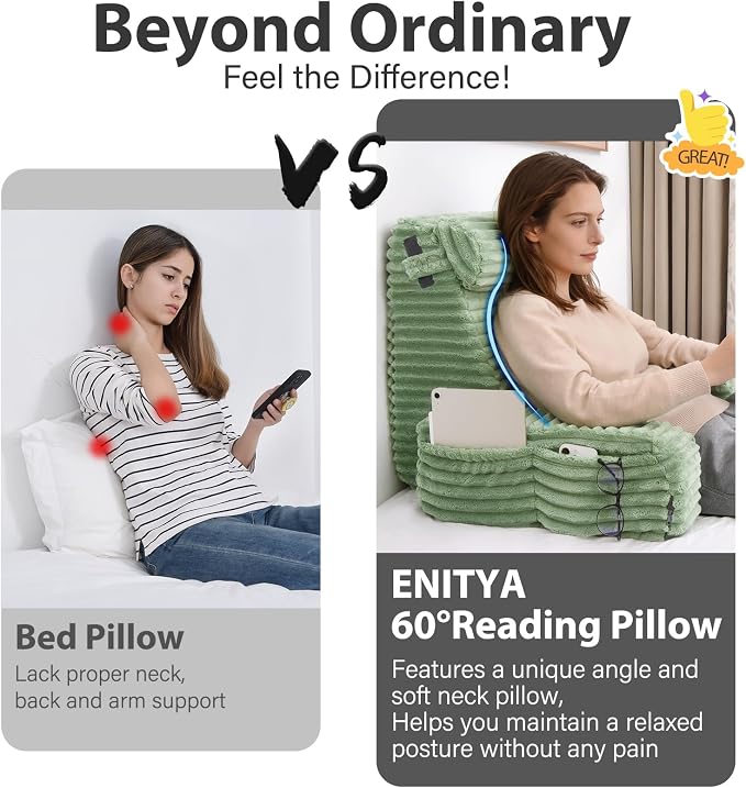 ENITYA 22" XL Back Pillow for Bed Sitting Up with Armrests & Big Pockets | Supportive Reading Pillow with Dual-Layer Foam Design, Ideal for Bedroom, Living Room, Dorm, Modern Style, Sage Green