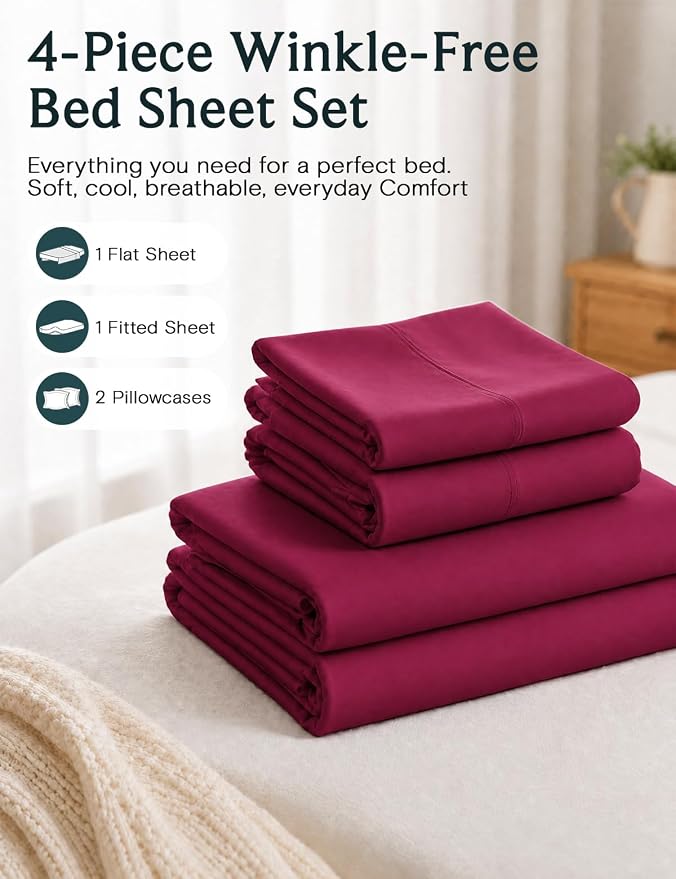 LuxClub Queen Sheet Set, Deep Pocket Bed Sheet Queen Size 4PC, Cooling Soft Bed Sheets, Breathable Hotel Luxury Bedding Wrinkle Free, Silky Fitted Sheet & Pillowcase Sets, Burgundy Red Queen | LuxClub Silky Fitted Sheet & Pillowcase Sets, Breathable Ho...