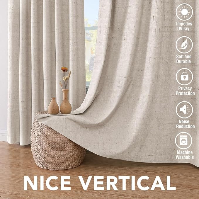 H.VERSAILTEX Linen Curtains 100% Blackout Curtains for Bedroom 102 inch Long Full Light Blocking Nature Linen Blended Window Curtains for Living Room Nickel Grommet (2 Panels, Natural)